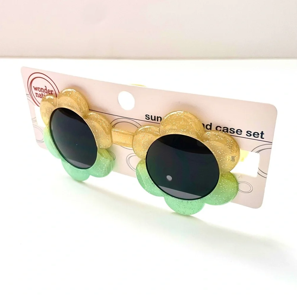 Girls Daisy Yellow Green Glitter Sunglasses - Supercute!